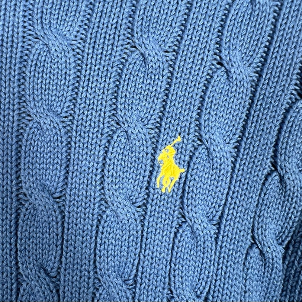 Ralph Lauren Blue Cable Knit Turtleneck Sweater w/ Yellow Pony - Picture 8 of 10